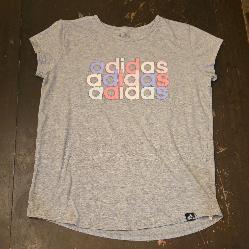 Adidas girls Heather Gray Tee with Colorful Logo